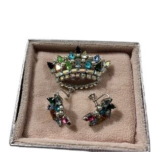 Vtg Signed B. David Crown Brooch Clip-On Earring Multicolored Rhinestones in Box